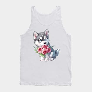 Valentine Siberian Husky Dog Giving Flowers Tank Top